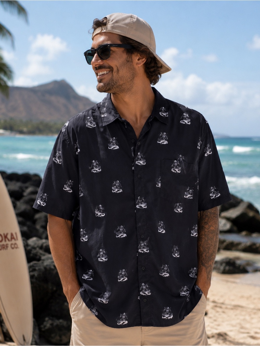 MOLOKAI SURF CO. Black White Surfing Skeletons Beach Vacation Top Size 3XL